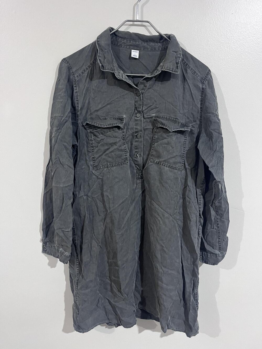 Old Navy Dress Womens L Gray Shirt Dress Knee Length Pockets Lyocell Long Sleeve